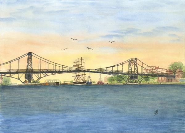 Postkarte DIN-A5 Aquarell Maritim Kunst Druck Kunstdruck Nordsee Wilhelmshaven  Kaiser-Wilhelm-Brücke
